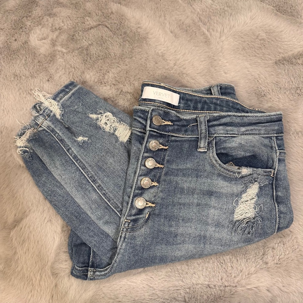 Vervet Blue Distressed Denim Jeans Button Fly Frayed Hem Womens Size 31